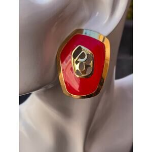 Vintage 80's Edgar Berebi Gold Tone & Red Enamel Modernist Statement Earrings